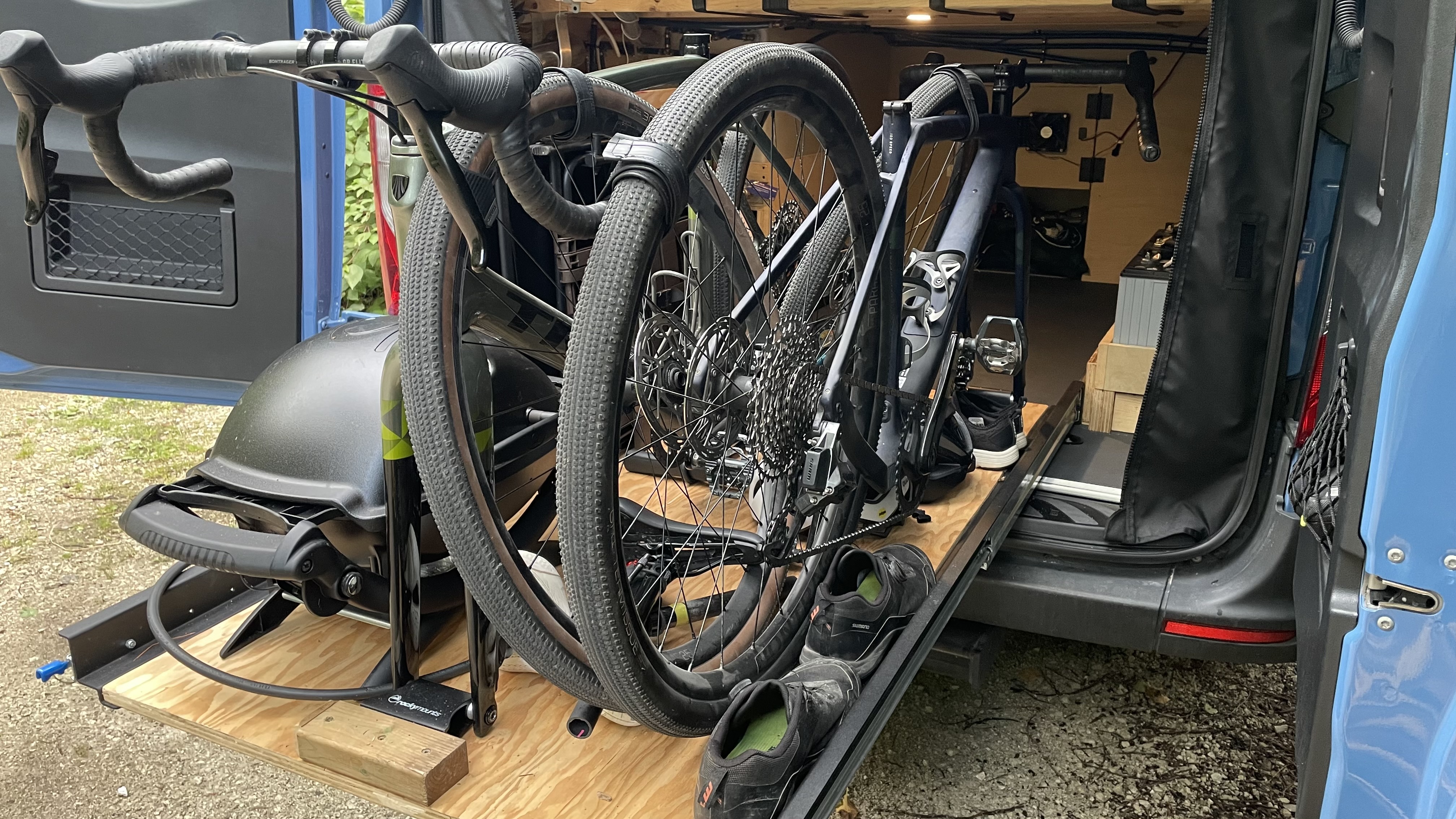 Our gear garage with a slide-out tray for bikes